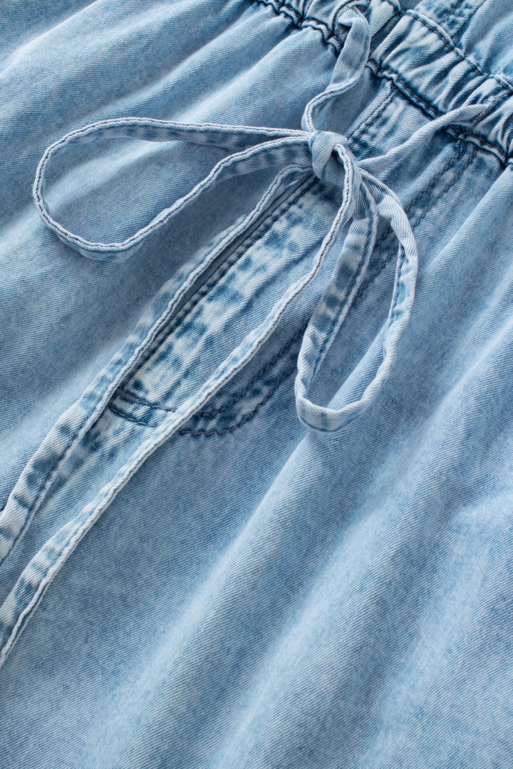 Studded V Neck Raw Hem Sleeveless Light Washed Blue Denim Romper