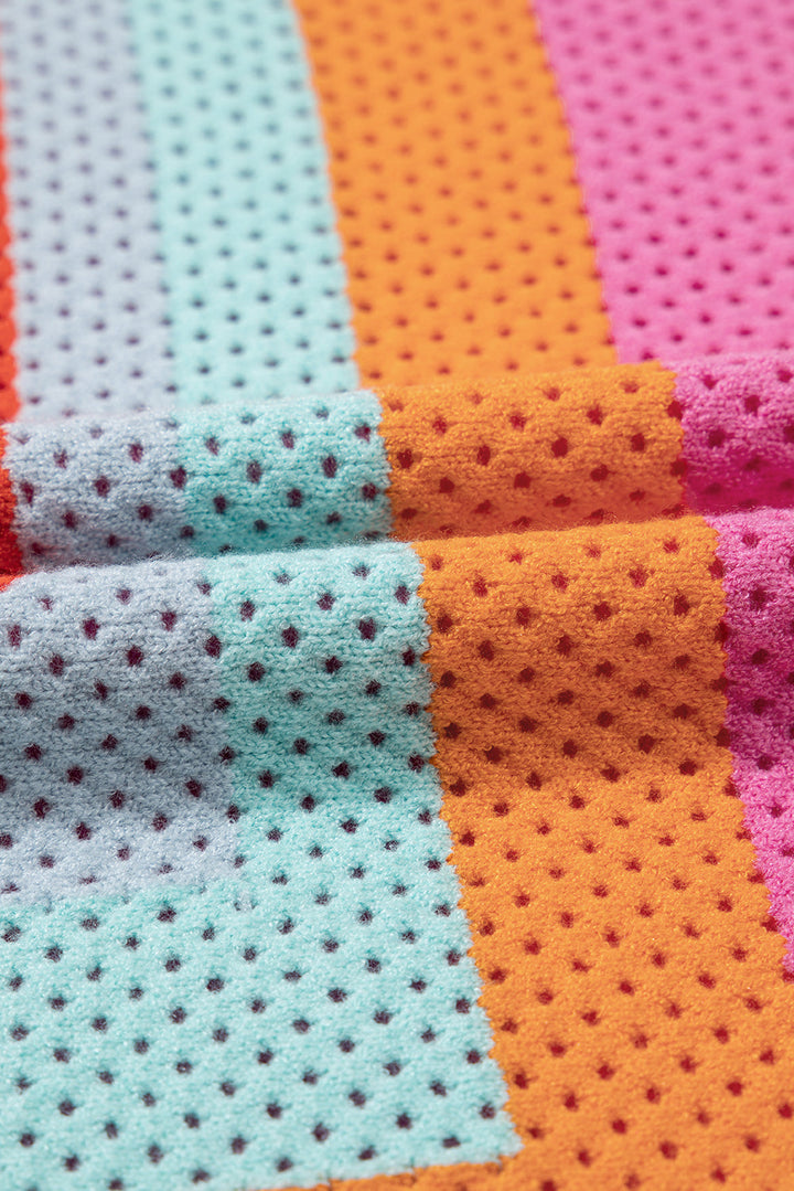 Vibrant Color Block Eyelet Casual Sweater