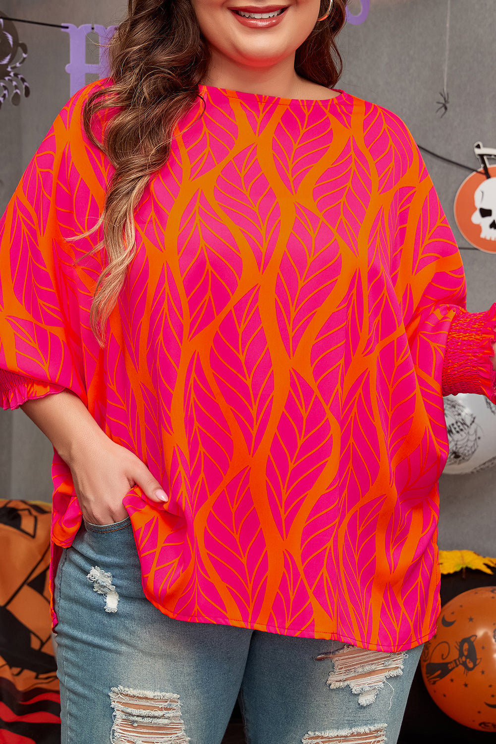 Neon Hot Pink & Orange Tropical Leaf Printed Smocked Lantern Sleeve Plus Size Blouse