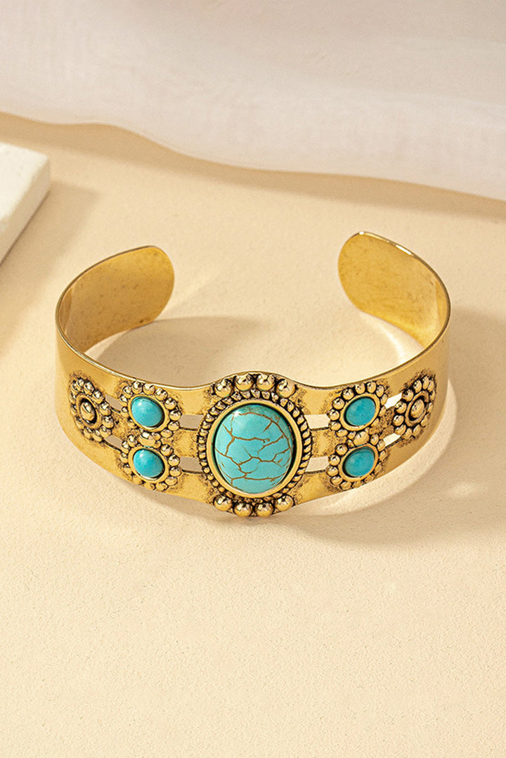Gold Tone Vintage Boho WEstern Faux Turquoise Cuff Bracelet