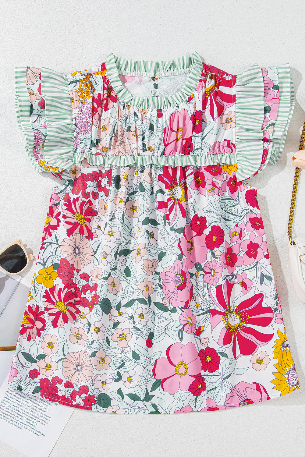 Floral Print Green Stripe Ruffles Contras Trim Cap Sleeve Blouse