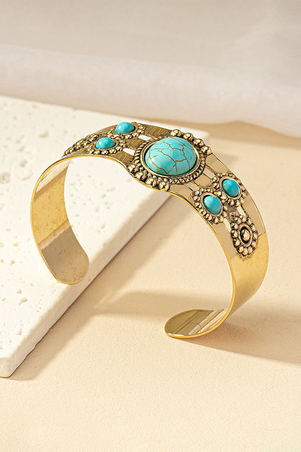 Gold Tone Vintage Boho WEstern Faux Turquoise Cuff Bracelet