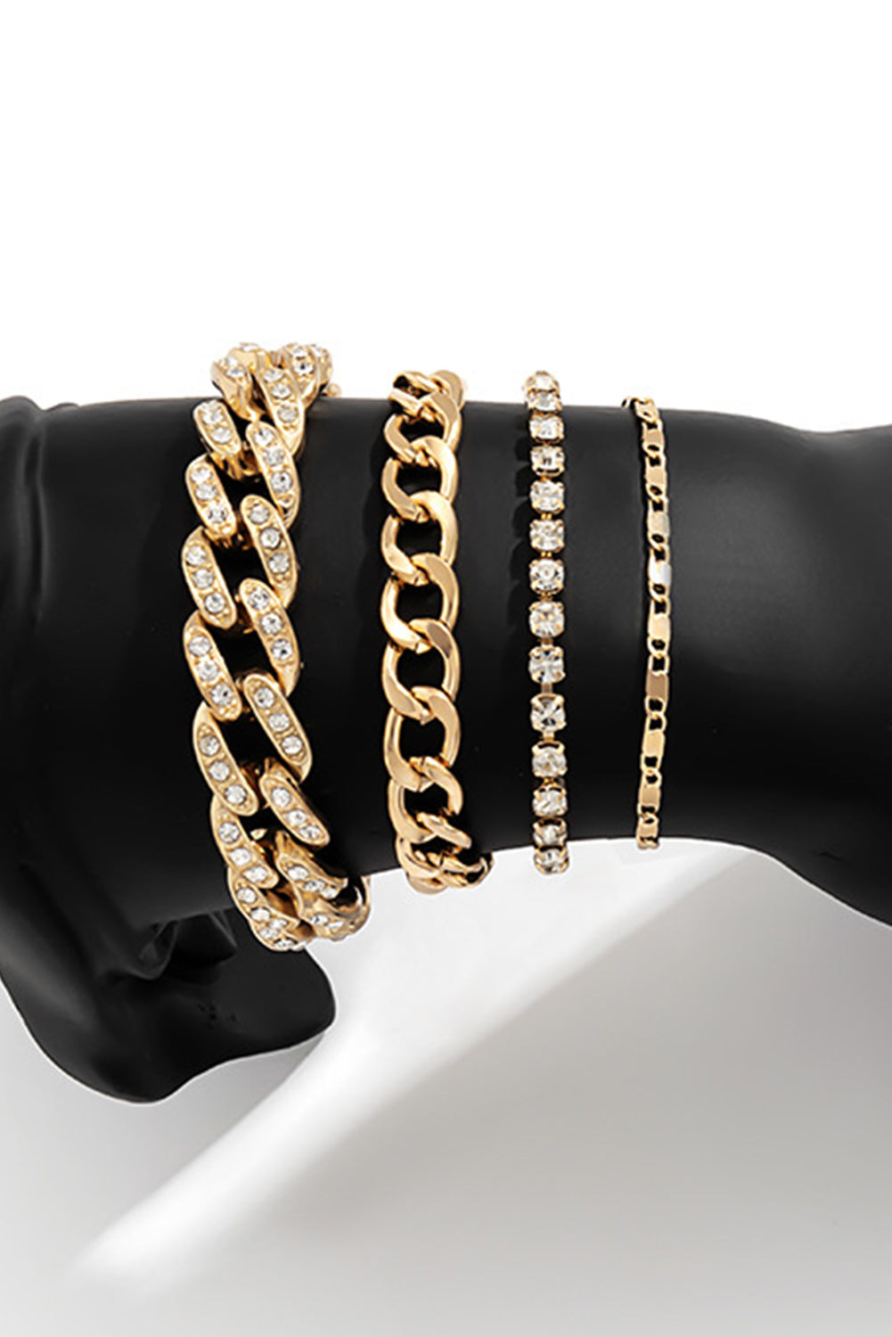 Rhinestone and Gold Bling 4 Piece Layering Gold Plated Bracelet Set-Adjustable Chain Lengths