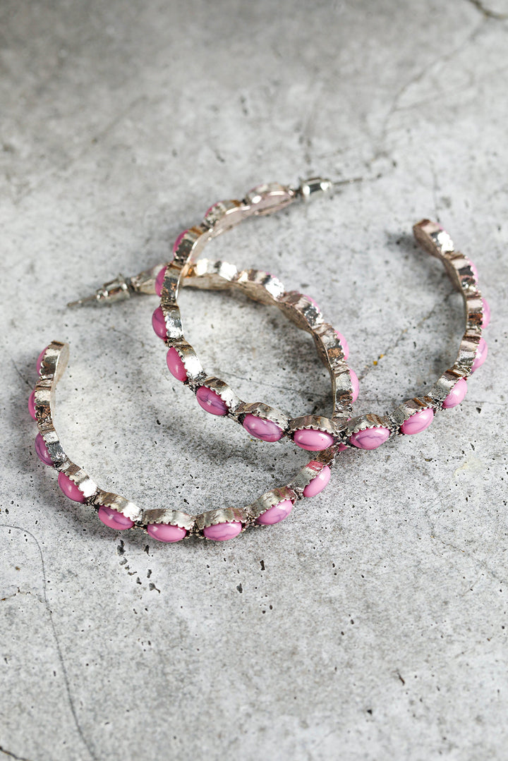 Pink Scalloped Faux Gem Inlay Hoop Pierced Earrings