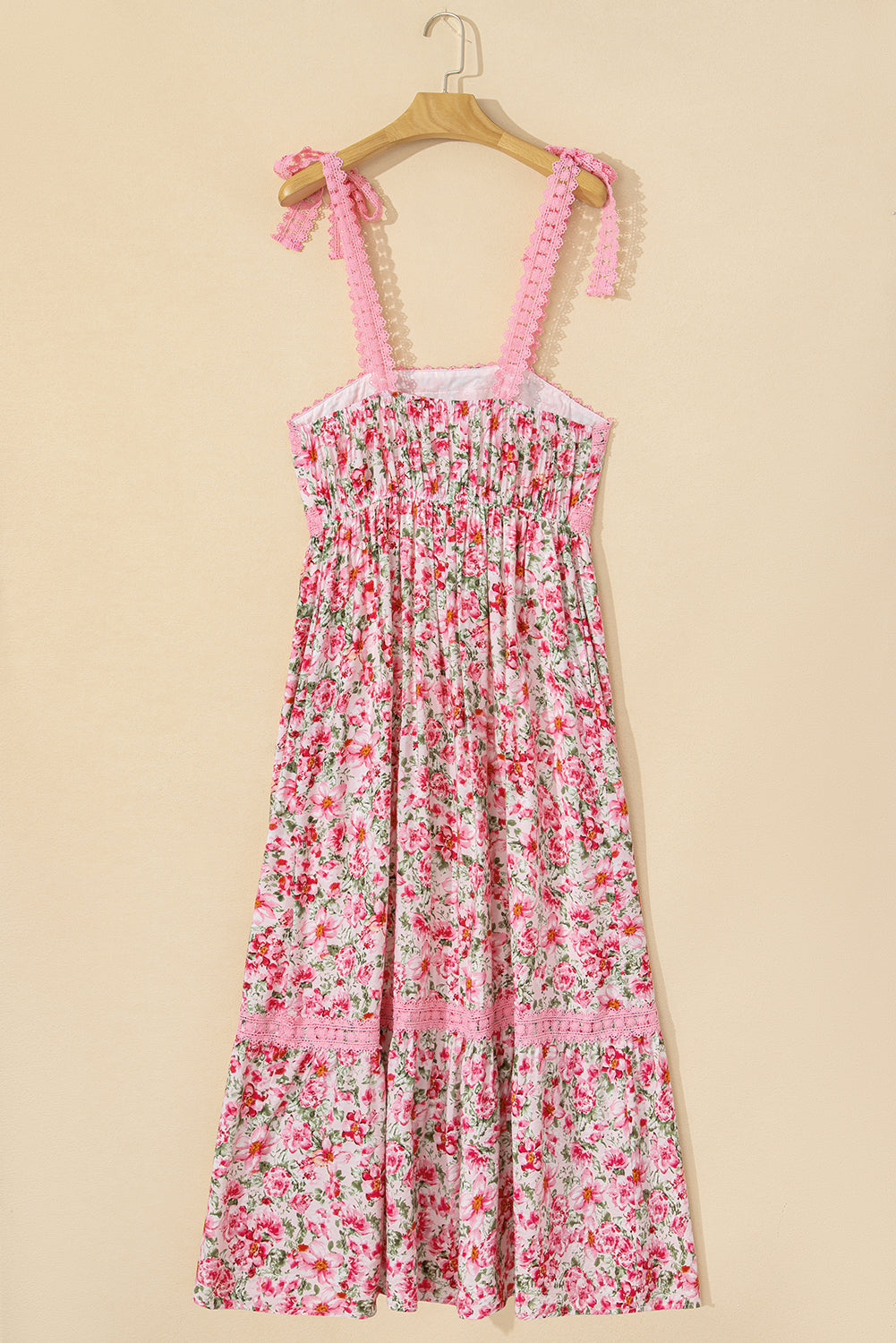 Pink Floral Lace Strap Empire Waist Maxi Dress with Pockets