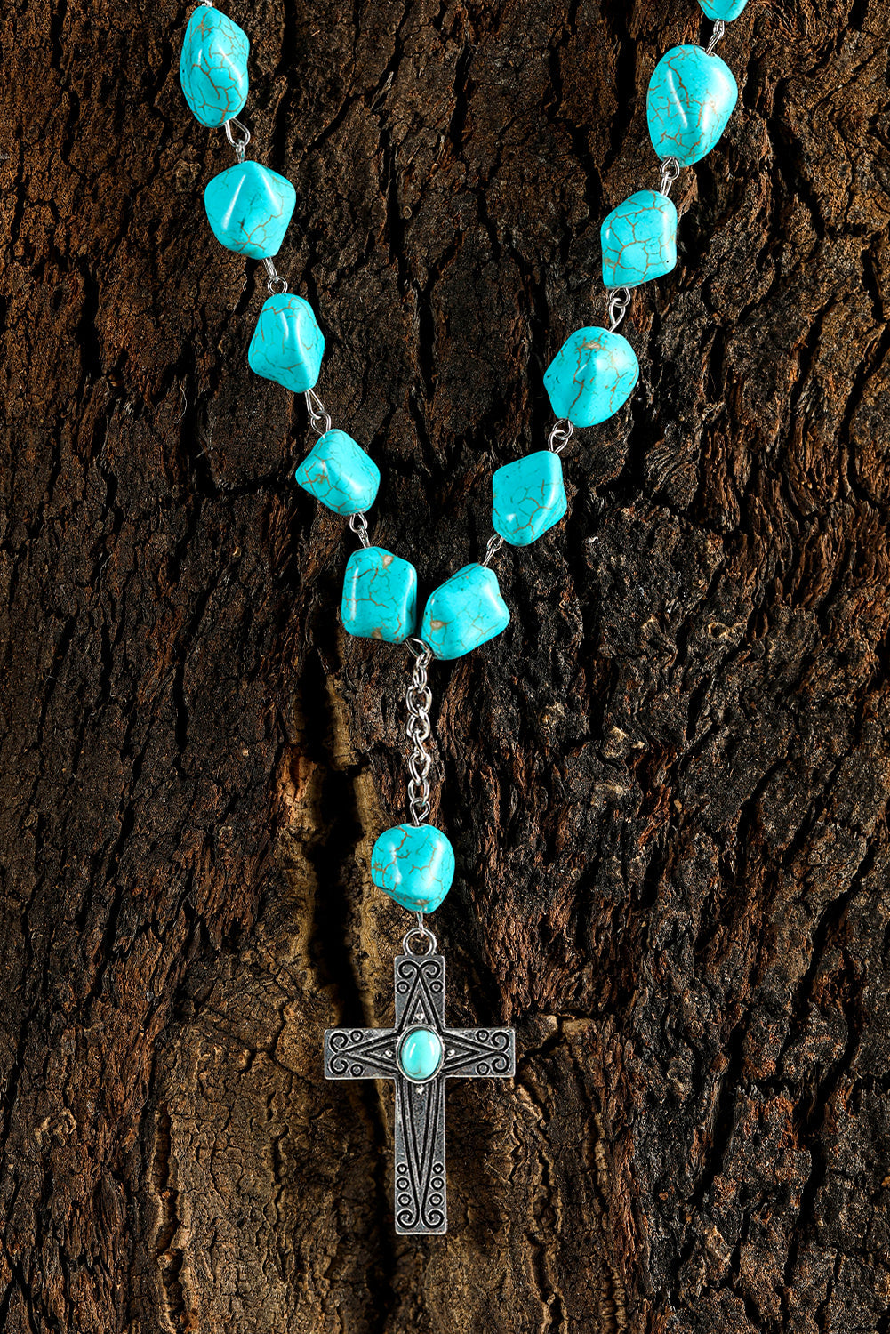 Blue Faux Turquoise Cross Pendant Beaded Necklace