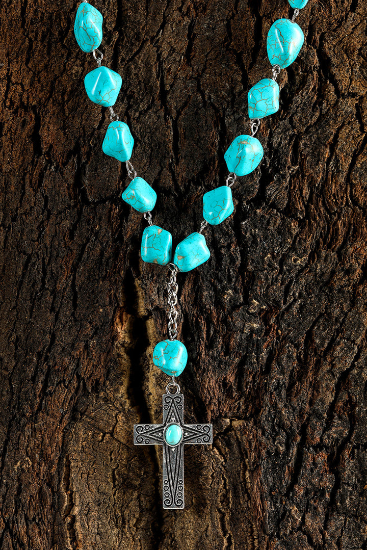 Blue Faux Turquoise Cross Pendant Beaded Necklace