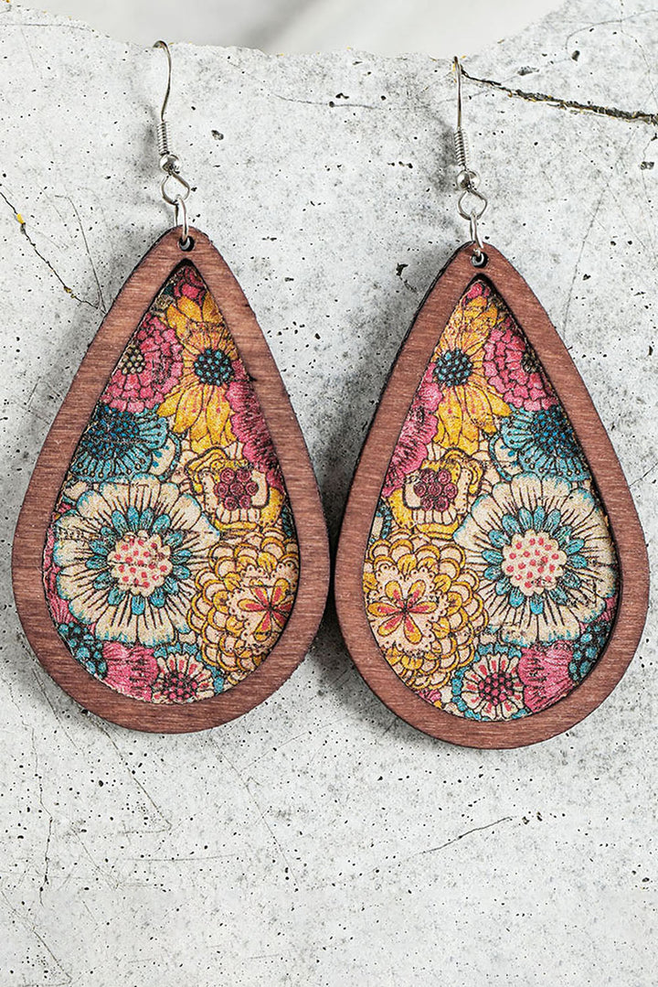Wooden Boho Floral Print Drop Pierced Earrings
