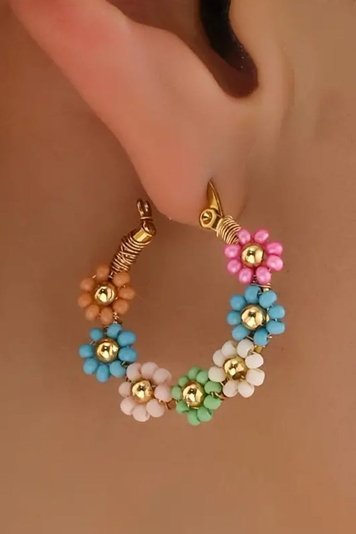 Beaded Pastel Floral Gold Tone Hoop Pierced Earrings