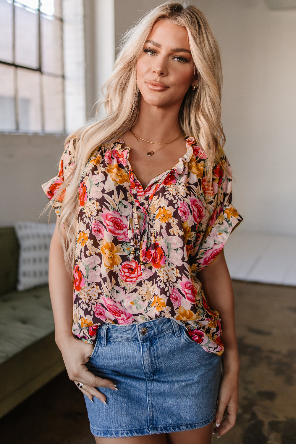 Floral Print Ruffle Collar Short Sleeve Blouse