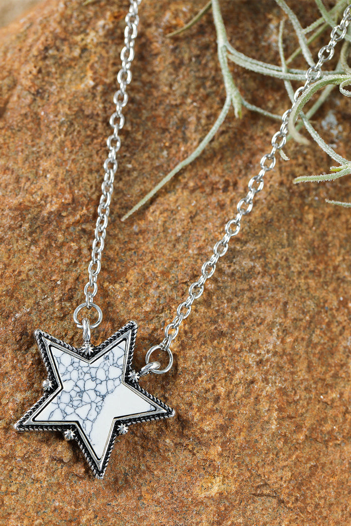 Western Cowgirl White Faux Turquoise Star Shape Pendant Silver Tone Chain Necklace