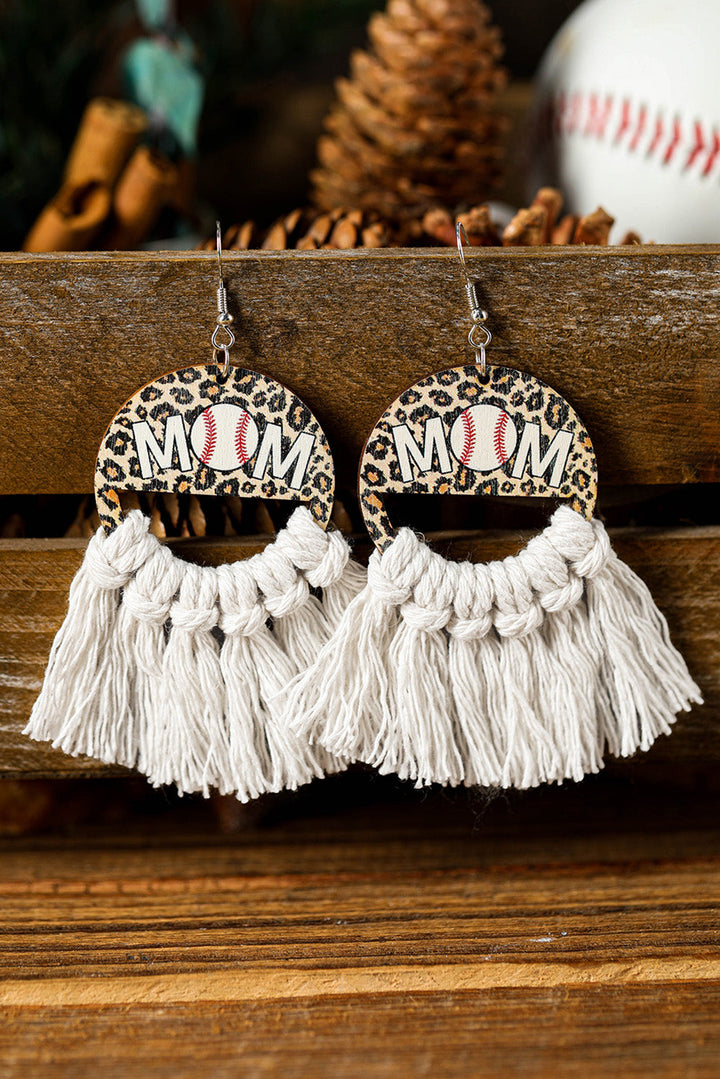 White Leopard Baseball MOM Fringed Hook Dangle Earrings