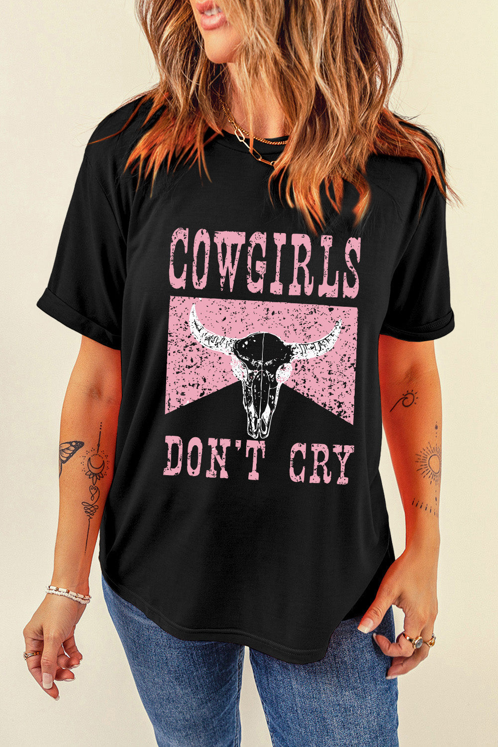 Cowgirls Don't Cry Cow Skull Graphic Tee in Graphite Black